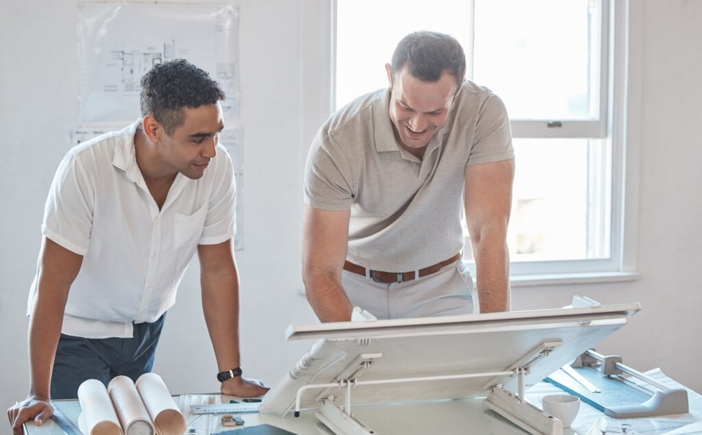 Architecture, project management and building planning in design studio workshop with engineer busi